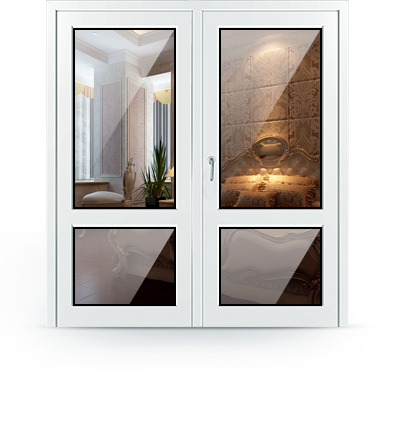 Двухстворчатая дверь с двумя стеклянными вставками и перегородкой
